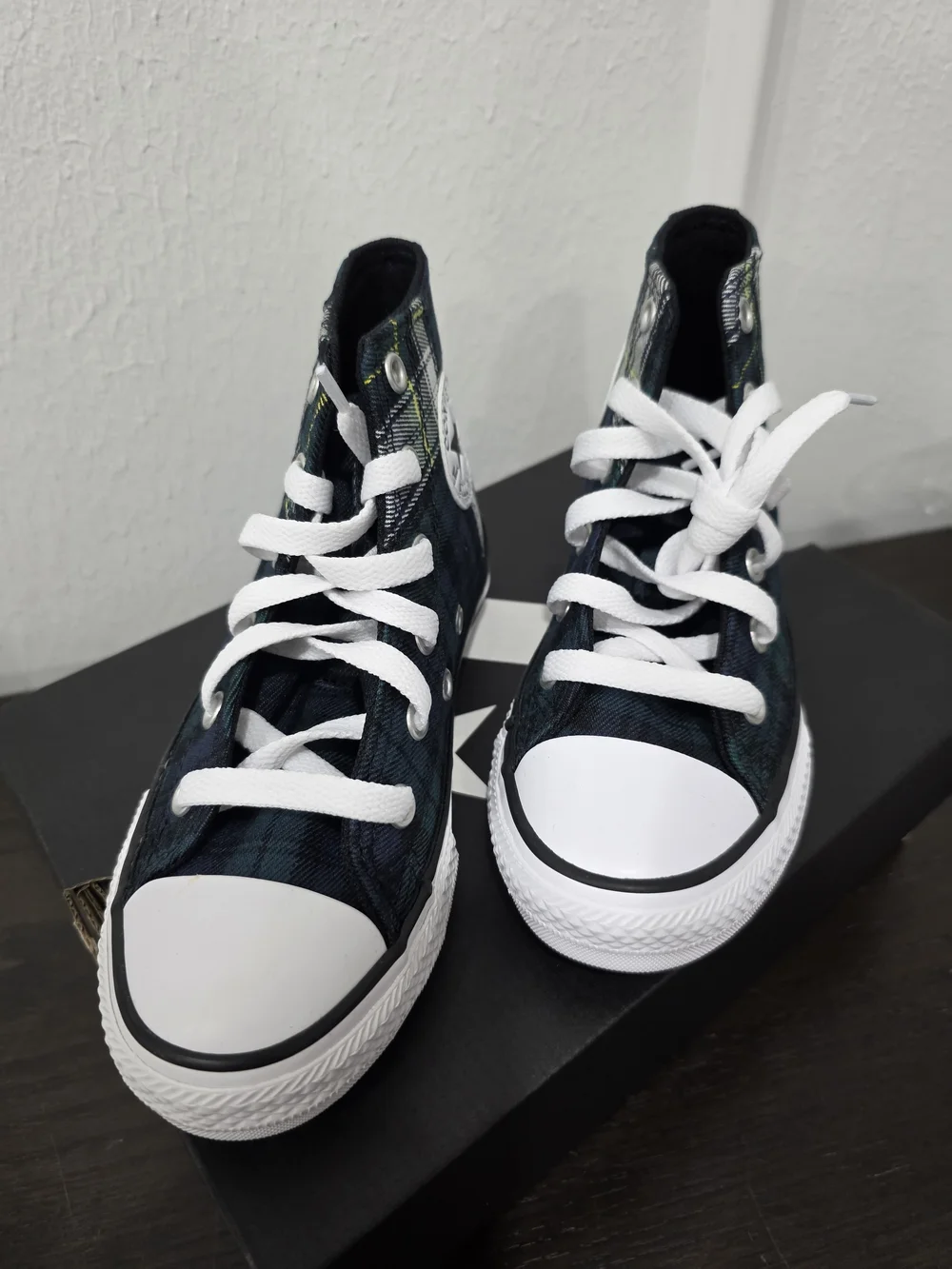 Converse All Star Navy Green Plaid High Top Sneakers